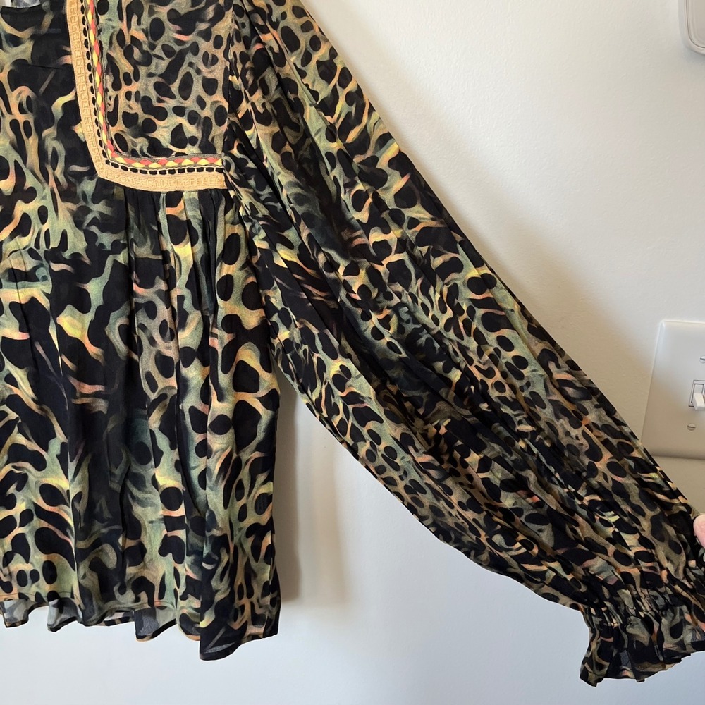 Bl^nk London Joelle Leopard Print Peasant Blouse XS Black Green - Picture 11 of 16